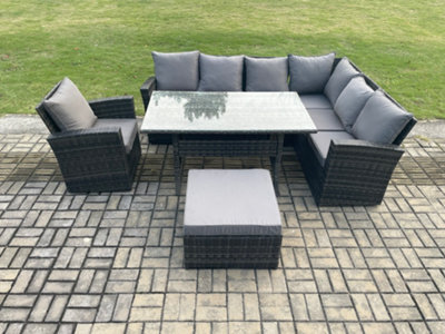 Fimous 8 Seater Garden Rattan Furniture Corner Sofa Dining Table Chair Set With Big Footstool Indoor Outdoor Lounge Sofa Set from B&Q