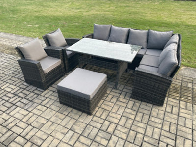 Fimous Garden Rattan Furniture Corner Sofa Dining Table Chairs Set With Big Footstool 2 Armchairs Indoor Outdoor Lounge Sofa Set