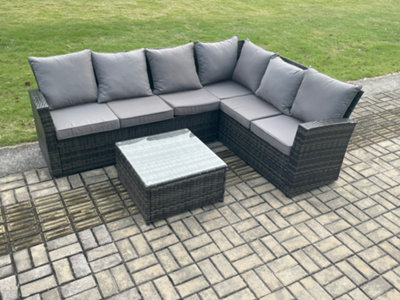 B&Q -  6 Seater Wicker Pe Outdoor Garden Furniture Set High Back Rattan Corner Sofa Set With Armchair Square Coffee Table