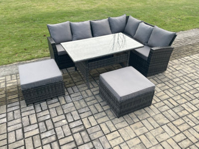 Fimous 8 Seater Outdoor Furniture Garden Dining Set Rattan Corner Sofa Set With Rectangular Dining Table Big Footstool from B&Q