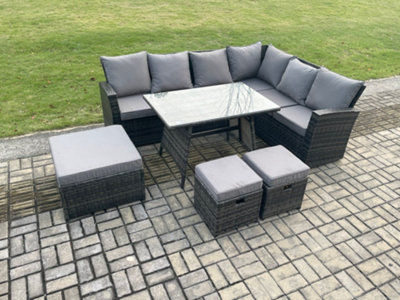 Fimous Outdoor Furniture Garden Dining Set Rattan Corner Sofa Set Rectangular Dining Table With Temper Glass 3 Footstools from B&Q