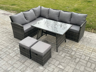 Fimous Wicker Rattan Garden Furniture Corner Sofa Set With Oblong Dining Table 2 Footstools 8 Seater Small