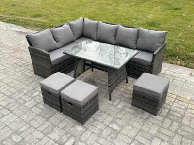 Fimous Wicker Rattan Garden Furniture Corner Sofa Set With Oblong Dining Table 3 Small Footstools 9 Seater from B&Q