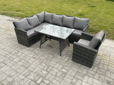 Fimous Wicker Rattan Garden Furniture Corner Sofa Set With Oblong Dining Table Armchair Outdoor Rattan Set