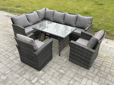 Fimous Rattan Garden Furniture Corner Sofa Set With Oblong Dining Table 2 Armchairs 8 Seater Outdoor Rattan Set