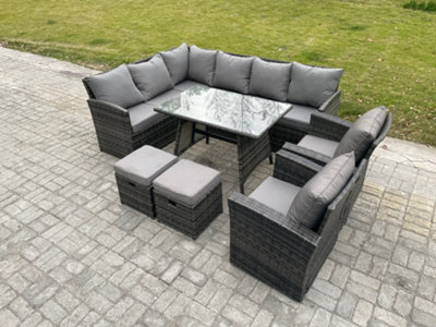 Fimous Rattan Garden Furniture Corner Sofa Set With Oblong Dining Table 2 Small Footstools 2 Armchairs