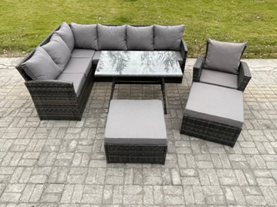 Fimous Rattan Garden Furniture Corner Sofa Set With Oblong Dining Table Footstool Armchair Outdoor Wicker Rattan Set from B&Q
