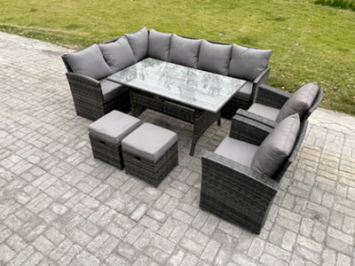 B&Q -  10 Seater Outdoor Rattan Garden Furniture Set With Rectangular Dining Table 2 Small Footstool 2 Armchairs Patio Wicker