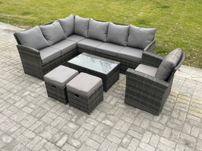 Fimous Rattan Lounge Corner Sofa Set Wicker Pe Outdoor Garden Furniture Set With Rectangular Coffee Table 2 Footstools Small