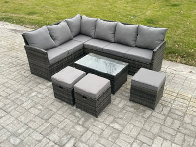 Fimous Rattan Lounge Corner Sofa Set Wicker Pe Outdoor Garden Furniture Set With Rectangular Coffee Table 3 Small Footstools