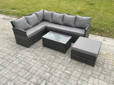 Fimous 7 Seater Rattan Lounge Corner Sofa Set Wicker Pe Outdoor Garden Furniture Set With Coffee Table Big Footstool