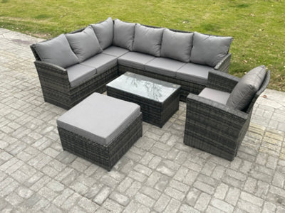 Fimous 8 Seater Rattan Lounge Corner Sofa Set Wicker Pe Outdoor Garden Furniture Set With Coffee Table Big Footstool Armchair