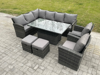 B&Q -  Outdoor Garden Furniture Set Wicker Pe Rattan Height Adjustable Rising Lifting Table Sofa Dining Set With 2 Small Footstool