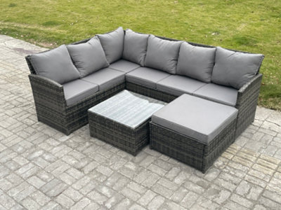 Fimous 7 Seater Outdoor Garden Furniture Set Wicker Pe Rattan Corner Sofa Set With Square Coffee Table Big Footstool