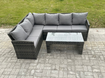 Fimous 6 Seater Outdoor Rattan Garden Furniture Set Corner Sofa Oblong Coffee Table Sets