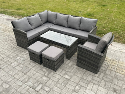 B&Q -  9 Seater Outdoor Rattan Garden Furniture Set Corner Sofa Oblong Coffee Table Sets With Patio 2 Small Footstools Armchair