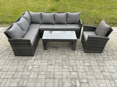 Fimous 7 Seater Outdoor Rattan Garden Furniture Set Corner Sofa Oblong Coffee Table Sets With Patio Armchair