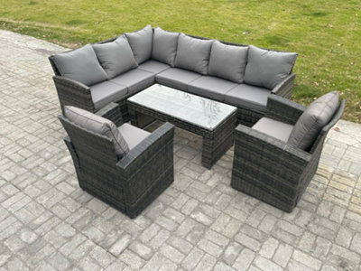 Fimous 8 Seater Outdoor Rattan Garden Furniture Set Corner Sofa Oblong Coffee Table Sets With Patio 2 Armchairs from B&Q