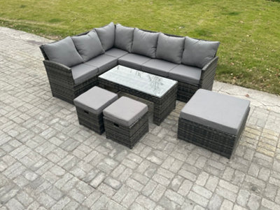 Fimous 9 Seater Outdoor Rattan Garden Furniture Set Corner Sofa Oblong Coffee Table Sets With Patio 3 Footstools