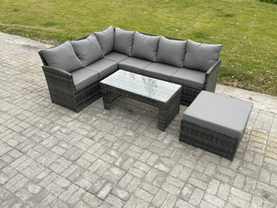 Fimous 7 Seater Outdoor Rattan Garden Furniture Set Corner Sofa Oblong Coffee Table Sets With Patio Big Footstool