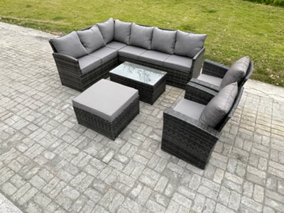 Fimous 9 Seater Rattan Garden Furniture Sets High Back Corner Sofa Rectangular Coffee Table Set With Big Footstool 2 Armchairs from B&Q