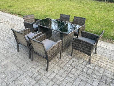 Fimous Wicker Pe Outdoor Rattan Garden Furniture Arm Chair And Table Dining Sets 6 Seater Rectangular Table Mixed Dark/Grey