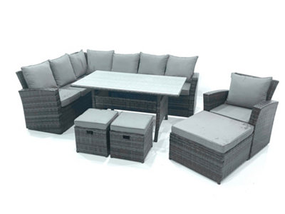 Fimous Outdoor Furniture Garden Dining Set Rattan Corner Sofa Set With 3 Footstools Armchair Mixed Dark/Grey