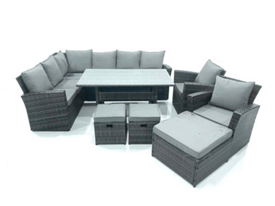 Fimous Outdoor Furniture Garden Dining Set Rattan Corner Sofa Set With 3 Footstools 2 Armchairs Mixed Dark/Grey