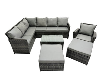 Fimous 9 Seater Rattan Lounge Corner Sofa Set Wicker Pe Outdoor Garden Furniture Set With Coffee Table 2 Big Fotstools Dark Grey from B&Q