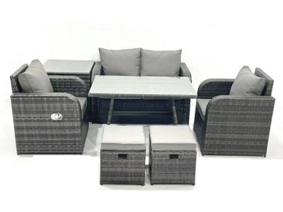 Fimous Outdoor Garden Furniture Set Rattan Sofa Dining Table Set With Reclining Chair Side Table Small Footstool Dark Grey Mixed from B&Q
