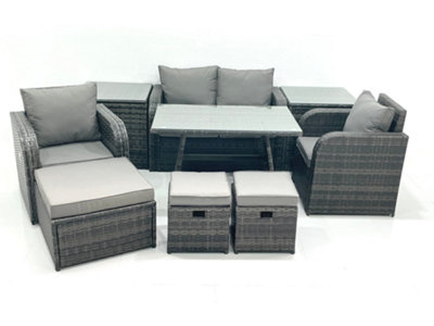 Fimous Outdoor Garden Furniture Set Rattan Sofa Dining Table Set With Reclining Chair 3 Footstool 2 Side Table Dark Grey Mixed from B&Q