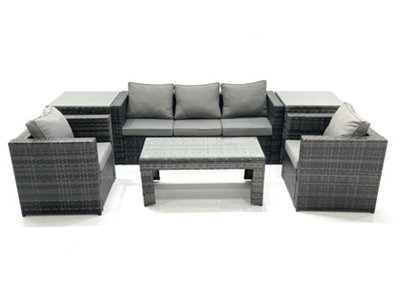 B&Q -  Rattan Garden Furniture Set Outdoor Lounger Sofa With Coffee Table 2 Armchair 2 Side Tables Dark Grey Mixed