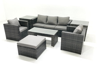 B&Q -  Rattan Garden Furniture Set Outdoor Lounger Sofa With Coffee Table 2 Armchair Big Footstool 2 Side Tables Dark Grey Mixed