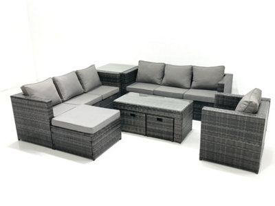 Fimous Outdoor Garden Furniture Set 10 Seater Rattan Sofa Set With Coffee Table 3 Footstools Armchair Side Table Mixed Dark/Grey
