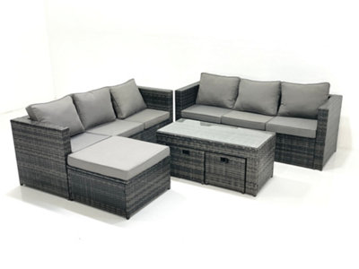 B&Q -  Garden Outdoor Rattan Furniture Set With Sofa Coffee Table 3 Footstools Dark Grey Mixed