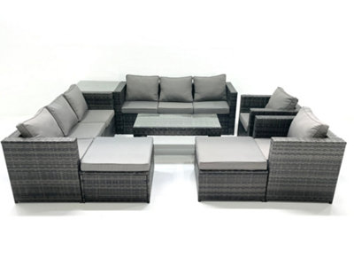 B&Q -  Rattan Garden Furniture Sofa Set With Coffee Table Armchair Side Table 2 Big Footstools Dark Grey Mixed