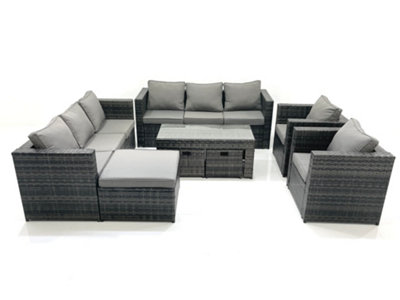 B&Q -  Rattan Garden Furniture Sofa Set With Coffee Table Armchair 3 Footstools Dark Grey Mixed