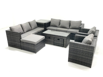 B&Q -  Rattan Garden Furniture Sofa Set With Coffee Table Armchair Side Table 3 Footstools Dark Grey Mixed