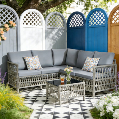 B&Q Asownsun Outdoor Rattan Garden Furniture Sets, 5-Seater L-Shaped Sectional Corner Sofa Set
