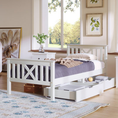 HomeTouch Solid Pine Wood Single Bed Frame With 2 Drawers Under Bed 3Ft Wooden Bed Frame White 90X190Cm from B&Q