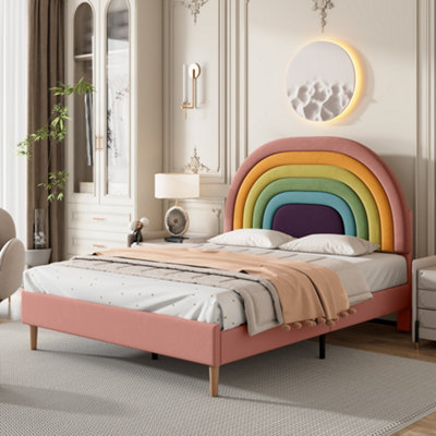 HomeTouch Velvet Upholstered Double Bed Frame With Rainbow Design Headboard  ( 135X190Cm) from B&Q