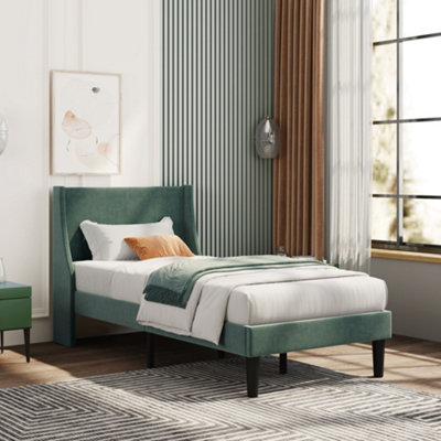 HomeTouch Velvet Upholstered 3Ft Single Bed Frame With Winged Headboard And Wood Slat Green Bed from B&Q
