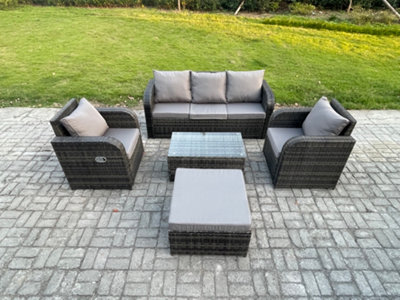Fimous Outdoor Rattan Garden Furniture Set Patio Lounge Sofa Set With Reclining Chair Rectangular Coffee Table Big Footstool