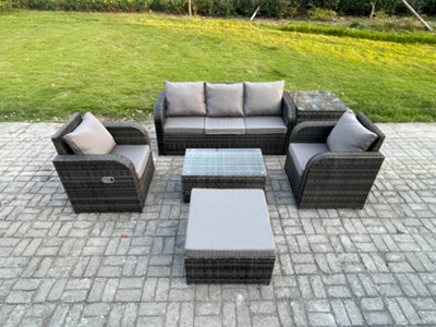 Fimous Outdoor Rattan Garden Furniture Set 6 Seater Patio Lounge Sofa Set With Reclining Chair Rectangular Coffee Table