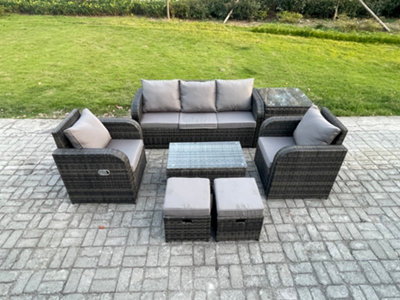 Fimous Outdoor Rattan Garden Furniture Set Patio Lounge Sofa Set With Reclining Chair Side Table 2 Small Footstools from B&Q
