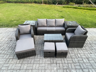 Fimous Rattan Garden Furniture Set Patio Outdoor Lounge Sofa Set With Rectangular Coffee Table 3 Footstools