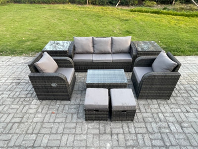 B&Q -  7 Seater Rattan Garden Furniture Set Patio Outdoor Lounge Sofa Set With Rectangular Coffee Table 2 Small Footstools