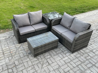Fimous Outdoor Lounge Sofa Set Rattan Garden Furniture Set With Rectangular Coffee Table Side Table Mixed Dark/Grey
