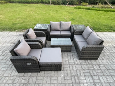 B&Q -  7 Seater Rattan Garden Furniture Set Patio Outdoor Lounge Sofa Set With Rectangular Coffee Table Big Footstool
