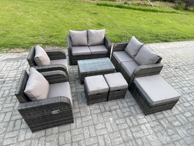 B&Q -  9 Seater Rattan Garden Furniture Set Patio Outdoor Lounge Sofa Set With Rectangular Coffee Table 3 Footstools Love Sofa